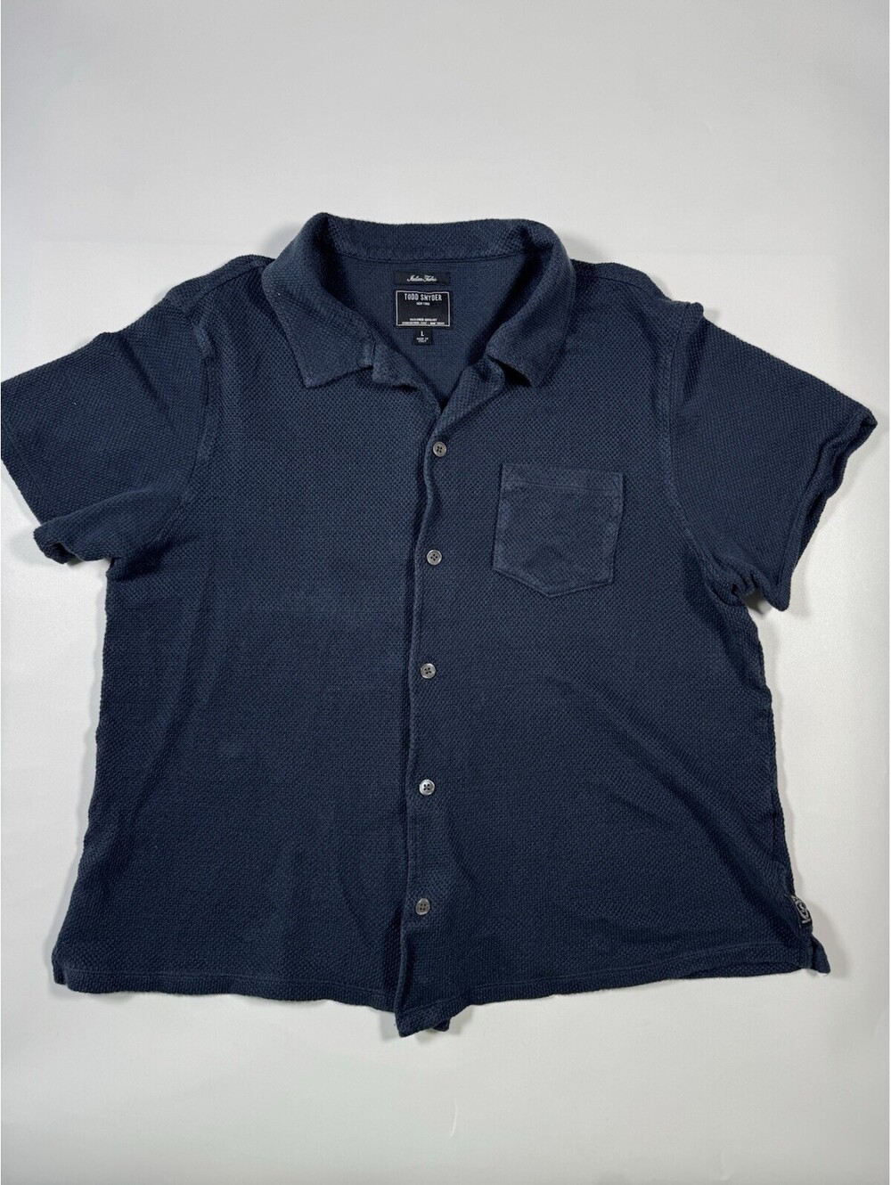 Todd Snyder Italian Fabric Linen Shirt Men L (Fits Small) Navy Short Sleeve